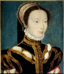 Retrato de Joana de Halluin ou Joana de Halluyn (nascida em 1530), Dama de Honra da Rainha Catarina de Medicis (Caterina de Medici) de 1547 a 1557. Pintura de Corneille De Lyon (Corneille de The Hague) (1500/1510-1574). Óleo sobre madeira. Dim: 0,14 x 0,21