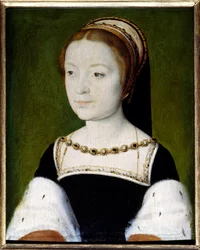 Retrato de Madalena de França (1443-1495), filha mais velha de Francisco I, rainha da Escócia, primeira esposa de Jaime V. Pintura de Corneille de Lyon (Corneille de La Haye) (1500/1510-1574). Dimensões: 0,22 x 0,31. Versalhes, Musée du Château