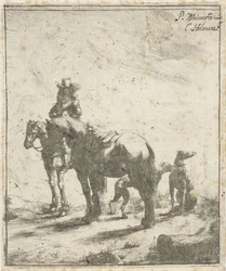 Cavaleiro com dois cavalos e dois cães