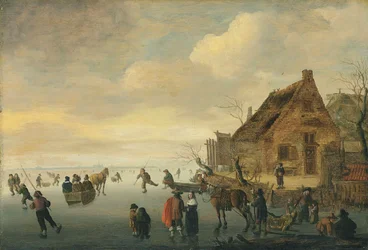 Uma paisagem de inverno com trenós puxados por cavalos e figuras a patinar num lago gelado junto a uma aldeia rural