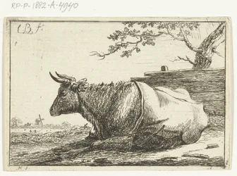 Paisagem com uma vaca deitada com uma capa traseira