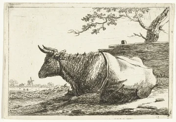 Paisagem com uma vaca deitada com uma capa traseira