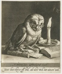 Coruja com óculos e livros. Por volta de 1625