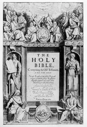 Frontispício para &39;A Bíblia Sagrada&39;, pub. por Robert Barker, 1611