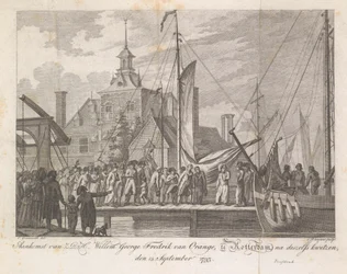 Chegada do príncipe ferido Willem George Frederik em Rotterdam, 1793 Chegada de Z.D.H. Willem George Fredrik van Oranje, em Rotterdam, após seus ferimentos, 15 de setembro de 1793 (título no objeto)
