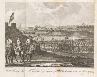 Tropas francesas deixando Landrecy, 1794 Extração do Troupen francês de Landrecies den 11 de maio de 1794 (título no objeto)