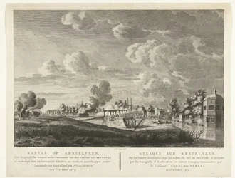 Tropas prussianas atacam Amstelveen defendida por artilheiros de Amsterdão em 1 de Outubro de 1787
Ataque à Amstelveen ... den 1te de outubro de 1787 (título sobre o objecto)
Attaque sur Amstelveen ... le 1er. octobre 1787 (título sobre o objecto)