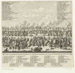 Batalha marítima em Kijkduin, 1673
Batalha marítima entre o Hr. adml. M. de Ruiter, príncipe da densa Robbert e conde de Estrée por Kykdn. 21 Ago. 1673 (título sobre o objecto)