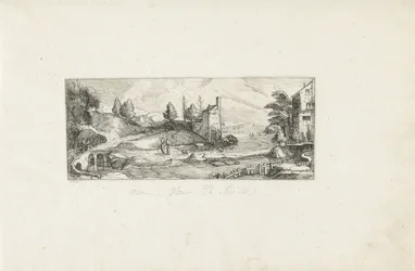 Paisagem fluvial com duas mulheres numa ponte
Paisagens (título da série)