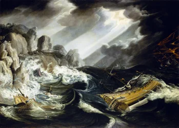 O naufrágio do navio "Amsterdam", dois navios que se chocam contra rochedos em alto mar durante uma tempestade