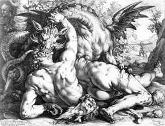 Dragão devorando os companheiros de Cadmo, gravados por Hendrik Goltzius, 1588