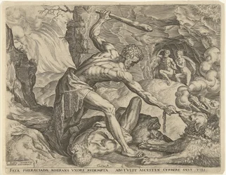 Hércules arrasta Cerberus para fora do inferno Trabalhos de Hércules (título da série)