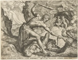Hércules arrasta o Cerberus para fora do inferno
Obras de Hércules (título da série)
