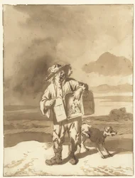Um jovem com um Peepshow e um cachorro Menino com uma caixa de observação e um cachorro, cerca de 1700