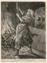 Uma mulher acende um foguete luminoso, estampa 5 da série «Alegria geral pelo cerco de Namur por Guilherme III, 1695»