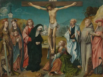 Cristo na Cruz, com Maria, João, Maria Madalena e os Santos Cecília e Bárbara (esquerda) e Pedro, Francisco e Jerónimo (direita)