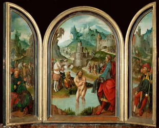 O profeta Elisa cura o capitão sírio Naeman da lepra nas águas do rio Jordão (pintura sobre madeira de carvalho)