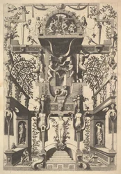 Fantástica Estrutura arquitetônica com Strapwork e Duas Pérgulas e uma Pequena Cena com Vu..., 1557.