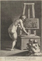Pictura: alegoria da pintura, com uma mulher nua ao centro moendo pigmentos, dois p..., ca. 1610-50.