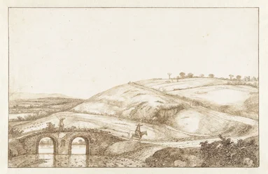Paisagem montanhosa com ponte de pedra