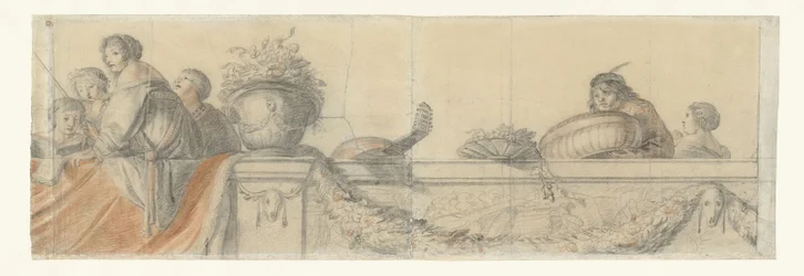 Pessoas numa balaustrada com festoons
Desenhos para murais no castelo de Honselaersdijk (título da série)
