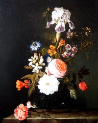 Uma Natureza Morta de Flores em um vaso que repousa sobre um Ledge (óleo sobre painel)