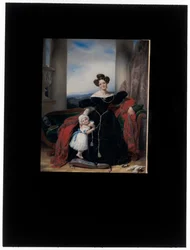 Retrato de uma senhora sentada num sofá Biedermeier acompanhada pela sua filha
