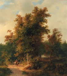 Uma paisagem arborizada com viajantes em uma pista de areia