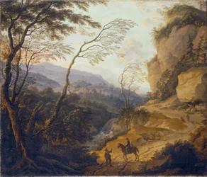 Holandês: Paisagem de montanha com um cavaleiro e um caçador em conversa