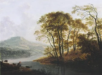 Neerlandês: Paisagem fluvial arborizada com um pastor Paisagem fluvial arborizada com um pastor