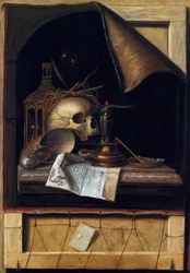 "Nature morte a la vanite" (Vanitas Still Life) Peinture de Cornelis Norbertus Gysbrechts ou Gijsbrechts (1630 - 1675) Óleo sobre tela Dim 89x62 cm Colecção privada