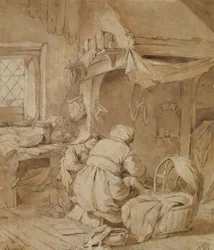 Parlour fazenda com fazendeiro, berço e criança, c.1654 (caneta e tinta e pincel sobre lápis sobre papel)