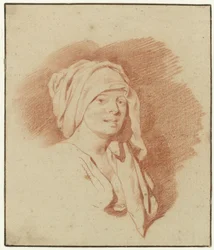 Estudo de uma mulher, comprimento do busto, usando um cocar, virado para a direita
