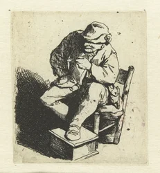 Camponês sentado com tubo na mão esquerda