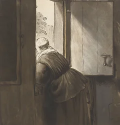 Uma mulher encostada na porta de baixo, depois de Rembrandt van Rijn