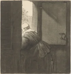 Mulher inclinada sobre uma porta inferior