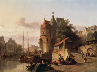 Cena holandesa: edifícios fortificados nas margens de um canal