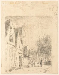 Vista de uma rua com um cavalo e um homem