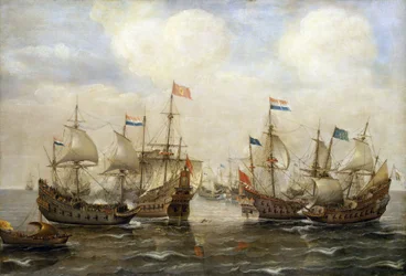 Confronto entre espanhóis e holandeses, por volta de 1630, cada barco tem a sua bandeira e, à esquerda, um barco ostenta a bandeira dos Estados Gerais Holandeses