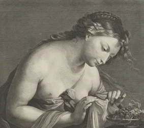 Erigone inclinando-se sobre uma travessa de uvas e levantando um pedaço de pano com as duas mãos,..., ca. 1700.