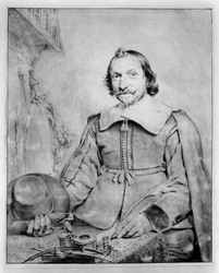Retrato de meio-corpo de um homem barbudo sentado a uma mesa