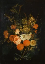 Ramo de Rosas, Cravos, Laranjas, Uvas, Bolotas e Castanhas (óleo sobre tela)
