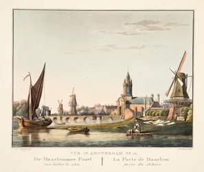Vue d&39;Amsterdam No.14. O Haarlemmer Poort de fora. La Porte de Haarlem Prémio dos Dehors, 1825 (gravura à mão)