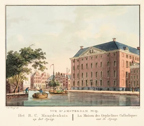Vista de Amesterdão No.19. Het RC Maagdenhuis op het Spuij. A Casa dos Órfãos Católicos na Spuij, 1825 (gravura colorida à mão)