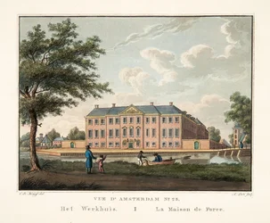 Vue d&39;Amsterdam No.25. O Workhouse. La Maison de Force, 1825 (gravura colorida à mão)