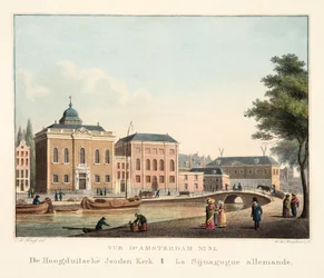 Vista de Amesterdão No.31. De Hoogduitsche Jooden Kerk. O alemão Sijnagogue, 1825 (gravura colorida à mão)