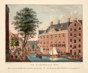 Vue d&39;Amsterdam No.35. O Oude Zijds Heeren-Logement. La Maison dite OZ Heeren-Logement, 1825 (gravura colorida à mão)