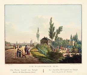 Vue d&39;Amsterdam No.39. A Terra do Jardim e Yzigt fora do Haarlemmer Poort. Le Jardin esta terra e Yzigt hors a porte de Harlem, 1825 (gravura colorida à mão)