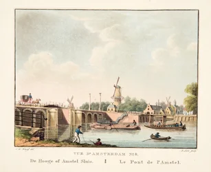 Vue d&39;Amsterdam No.8. De Hooge ou Amstel Sluis. Le Pont de l&39;Amstel, 1825 (gravura colorida à mão)