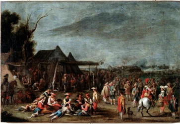 Bivouac de soldats (o bivouac dos soldados) Pintura de Cornelis De Wael (1592-1667) Século XVII Dim 50x75 cm Genes, Musei di Strada Nuova (ex Palazzo Bianco)